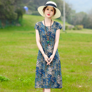 2024 New Floral Cotton Silk Dress Summer 40 Years Old 50 Middle-aged Elegant Mother's Artificial Cotton Skirt Slimming