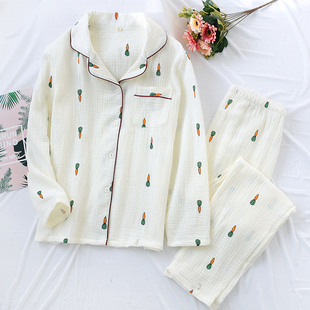 Washed cotton couple pajamas pure cotton radish cardigan men's and women's student living clothes crepe spring and summer outdoor home wear