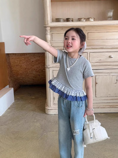 2025 Niche New Children's Summer Korean Style Stitching Lace Short Sleeve Fashionable Trendy Casual All-match Top Women's Treasure