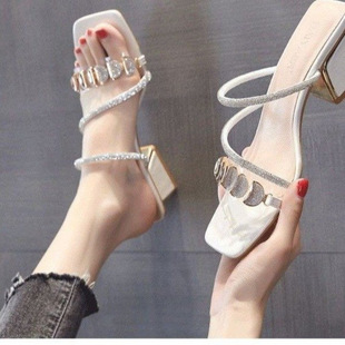 Summer New Sandals 2024 New Fairy Style Outer Wear Fashion Slippers Internet Celebrity Elegant Medium Heel Lazy Shoes