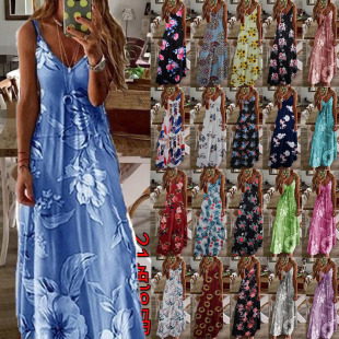 2024wish Cross-border Summer European and American Women's Dress Slim-fit Slim Long Flower Sling Dress for Women
