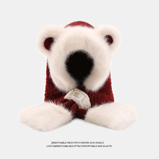 2024 new plush bear hat scarf women's thick warm autumn and winter ear protection hooded scarf