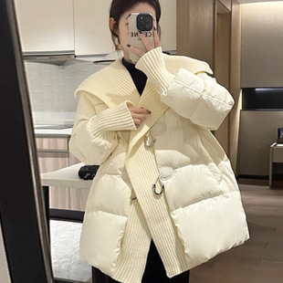 European goods large lapel 2024 new loose winter thick long horn buckle fashion duck down jacket coat