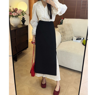 Spring Black High Waist Lace Stitching Design Skirt All-match High Waist Slimming Simple Suit Dress
