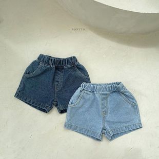 2024 Summer Children's Denim shorts new Korean style solid color casual pants boys and girls western style pocket all-matching pants