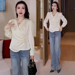 Spring and Autumn Fashion Pleated Design Satin Shirt Women's 2025 New Style Light Luxury Tight Waist Slimming Trendy Top