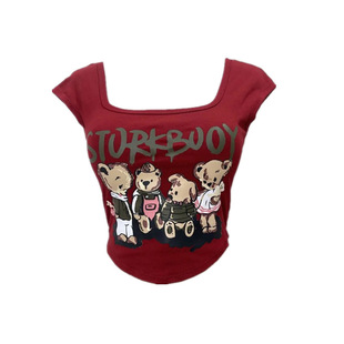 2041# Explosions Spice Bear Printed Beautiful Back Vest with Chest Pad Slim Fit Slimming Square Neck Wear Flying Sleeve Top