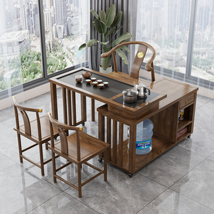 Solid wood tea table rotating tea table balcony small apartment mobile 1 meter 1.2 meter table and chair combination rubber wood with boiling water