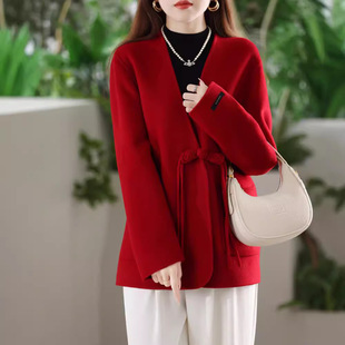 Double-sided Wool Coat Women's New All-match V-neck Chinese-style Hand-stitched Elegant Wool Coat with Buckle