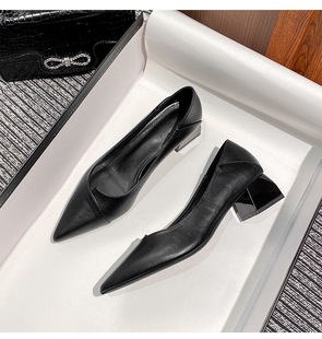 Professional Temperament Thick Heel Pointed Single Shoes Middle Heel Soft Leather Shoes Not Tired Feet Stewardess Bank Work Shoes for Women Black