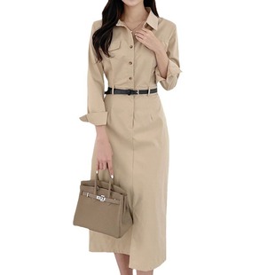 Spring 2024 Korean chic retro elegant waist slimming lace-up mid-length dress women's belt in stock