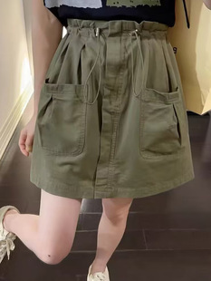 Korean Style Drawstring Retro Workwear Skirt Short Skirt 2024 Summer New High Waist Casual Slim A- line Hip Skirt