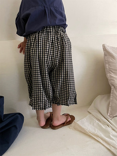 Jiaye Children's 2024 New Summer Children's Cotton and Linen Plaid Capri Pants Baby Boys and Girls Japanese Loose Bloomers