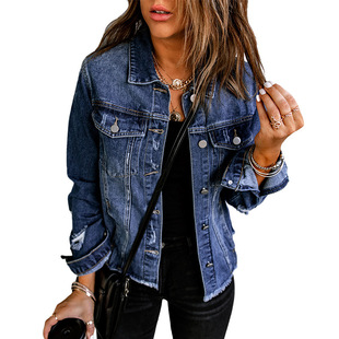 Shiying Autumn and Winter New Denim Jacket Women's Foreign Trade Casual Washed Old European and American Slim Blue Denim Jacket Women