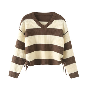European and American style fashion foreign trade women's new leisure drawstring design striped knitted sweater X1 24511