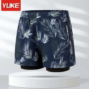 Men's swimming trunks anti-embarrassment double-layer loose boxer plus size quick-drying swimming trunks for hot spring training vacation swimming