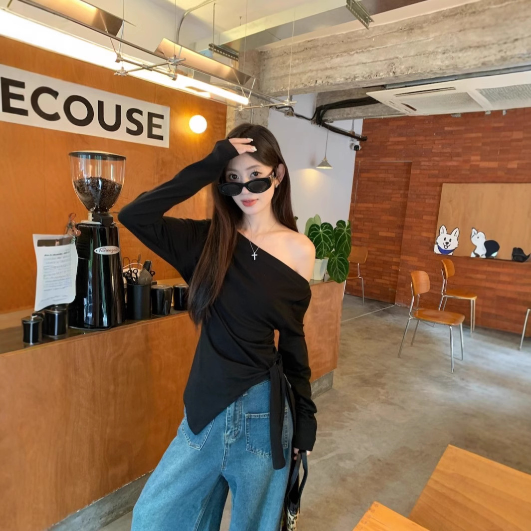 MR 모달 맨면 디자인 두 가지 착용 긴 소매 티셔츠 여성의 가을 불규칙한 허리 밴드 레드 탑