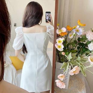 Summer 2025 Elegant White dress French Puff Sleeve Square Collar Fishbone Mesh A- line Dress Socialite Party Dress