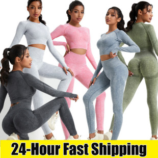 Washable Beautiful Back Slimming High-End Sports Long-Sleeved Two-Piece Set to Cover the Flesh and Slimming Honey Buttocks Washed European and American Style Fitness Suit
