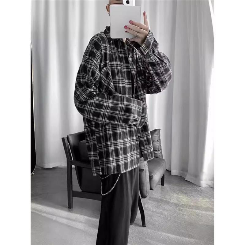 2025 봄, 가을 문학 복고풍 긴팔 셔츠 남성 유행 느슨한 홍콩 스타일 잘 생긴 캐주얼 격자 무늬 셔츠 재킷