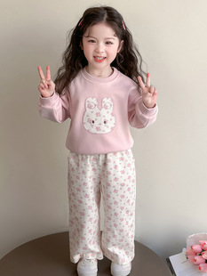 Spring Baby Spring New Children's Sweatshirt suit Little Girl's Pants Spring and Autumn Rabbit Floral Girl's Two-piece Set