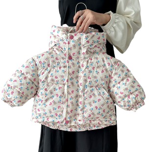 Girls 2024 new floral fleece-lined cotton-padded jacket children's western style down cotton-padded coat hooded bread coat winter coat