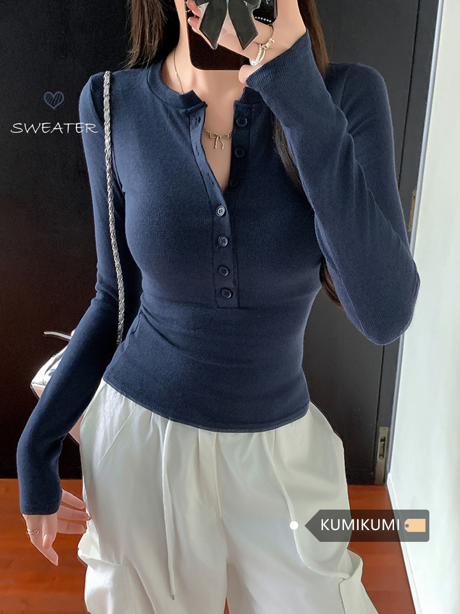 순수한 욕망 스타일 버튼 긴팔 티셔츠 여성용 봄 새로운 스파이스 걸스 유행 우아한 슬림핏 슬리밍 올매치 베이스 탑
