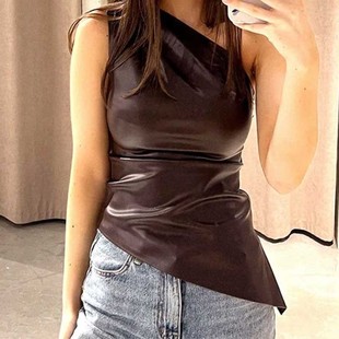 Amazon Cross-border E-commerce New Women's PU Tight Shoulder Top Sexy Backless Slim Fit PU Leather Vest Top