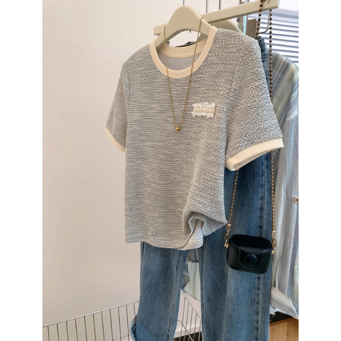 Official Picture [Original Fabric] Tweed Style Short-Sleeved T-Shirt Summer 2024 New Design Niche Top
