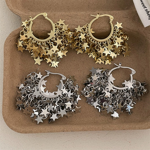 French Niche Design Stars Tassel Ear Buckle Exaggerated Unique Elegant Light Luxury Style Metal Star Earrings Earrings