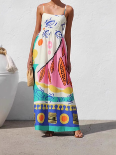 Europe and the United States cross-border 2025 summer new independent station ins new holiday style printed strap dress beach skirt