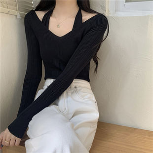2024 Spring and Autumn New Sexy Tube-top Slimming Hanging Neck Fake Two-piece Long-sleeved Knitted Sweater Top Stretch Sweater