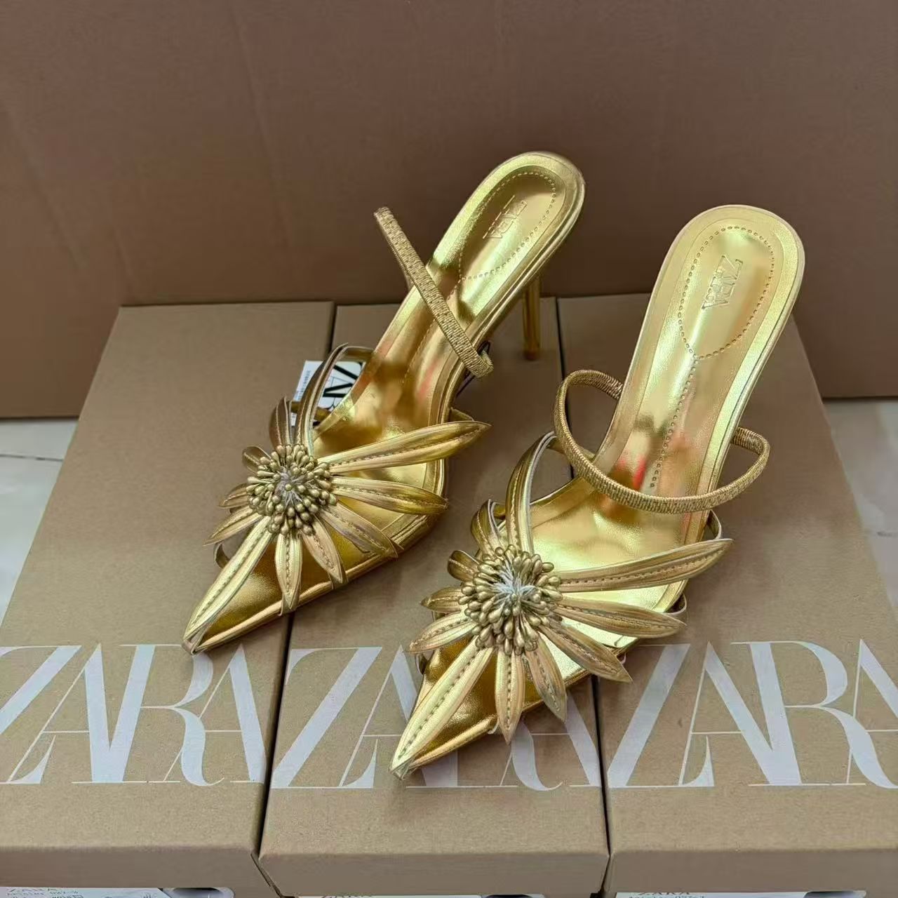 Za In-Stock 2026 Gold Floral Thin-Heeled High-Heeled Sandals for Women, Pointed-Toe Floral Style Fashion Open-Toe Party Shoes