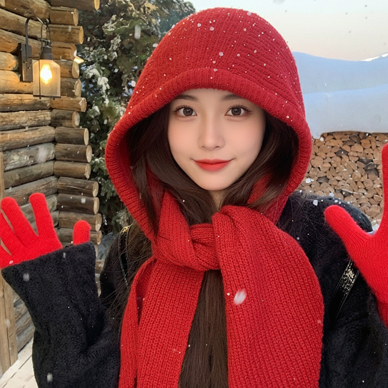 Upgraded Red Balaclava Women's Hooded Scarf Autumn and Winter Shawl Knitted Wool Hat Scarf All in One