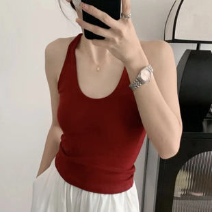 New Hanging Neck U-Neck Tibetan Blue Camisole Vest Women with Chest Pad I-Back Summer Inner Base Top
