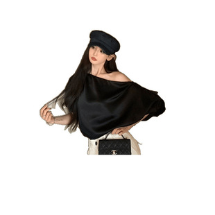 Korean Hot Girl Bubble Satin Design Slanted Shoulder Top + High Waist Wide Leg Pants Suit for Women