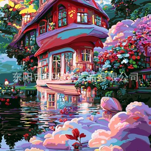 40*50 digital oil painting diy cartoon landscape flower color filling decompression healing decorative painting wholesale seaside town