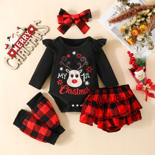European and American Baby Christmas four-piece long sleeve letter deer head triangle romper + plaid shorts + pants set + headscarf