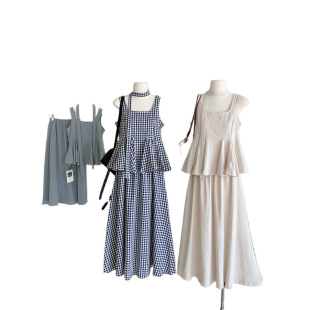 Sena Korean Style Casual Style Fashion Design Sense Plaid Outer Wear Camisole High Waist Versatile Skirt suit