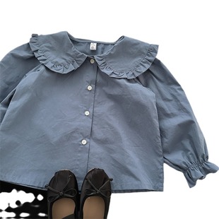 Xifan 2024 spring new children's Korean-style doll collar lace shirt girls' solid color lapel long sleeve shirt