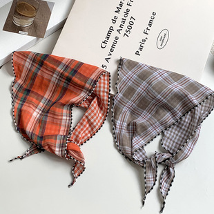 Turban Women's Pastoral Style Spring and Summer New Fresh Plaid Triangle Scarf Scarf Women's Knitted Hair Belt Scarf Tie Hair Wholesale