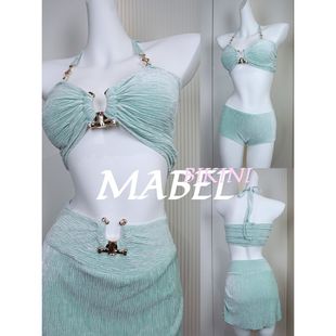 Summer High-end Texture Split Bikini Three-piece Set Seaside Vacation Swimwear Gather-up Small Breast Belly-Covering Slimming Swimming