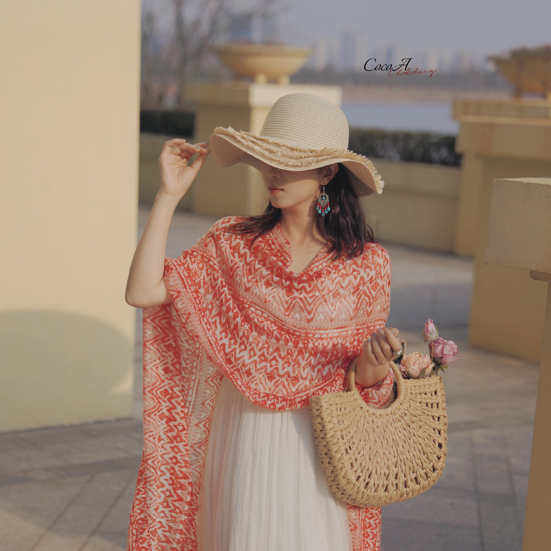 Yunnan Xinjiang Travel Wear Sun Protection Shawl Outer Wear Women's Thin Ethnic Style Scarf Seaside Silk Scarf Beach Gauze Scarf