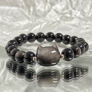 Natural Silver Obsidian Cat Cat Head Obsidian Bracelet Women's Girlfriend Cool Cool Sweet Fashion Couple Bracelet Accessories