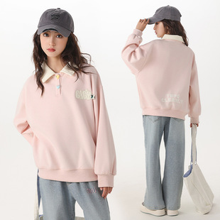 Girls' Spring and Autumn Sweater Large Children's Loose plus size Top Chubby Girls Polo Shirt Junior High School Students New Sweet Fashion