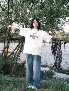 chubby girl White Short-sleeved T-shirt Women's Summer New Popular American Style Retro Loose Cotton Half-sleeved Shoulder Top for Women