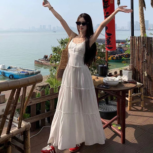 French Pink Sweet Sling dress Women's Summer Skirt Tight Waist Slimming A- Line Skirt Seaside Vacation Long Skirt