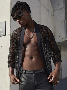 Hot Selling European and American Men's Cut Out T-Shirt Men's Sexy Mesh Cardigan Shawl Fashion Performance Clothing Top Shirt 8003