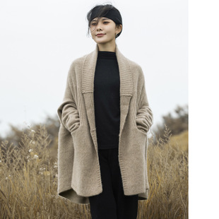23 Autumn and Winter New Lapel Thickened Shoulder Sleeve Wool Knitted Cardigan Women's Mid-length Knitted Poncho Coat Sweater