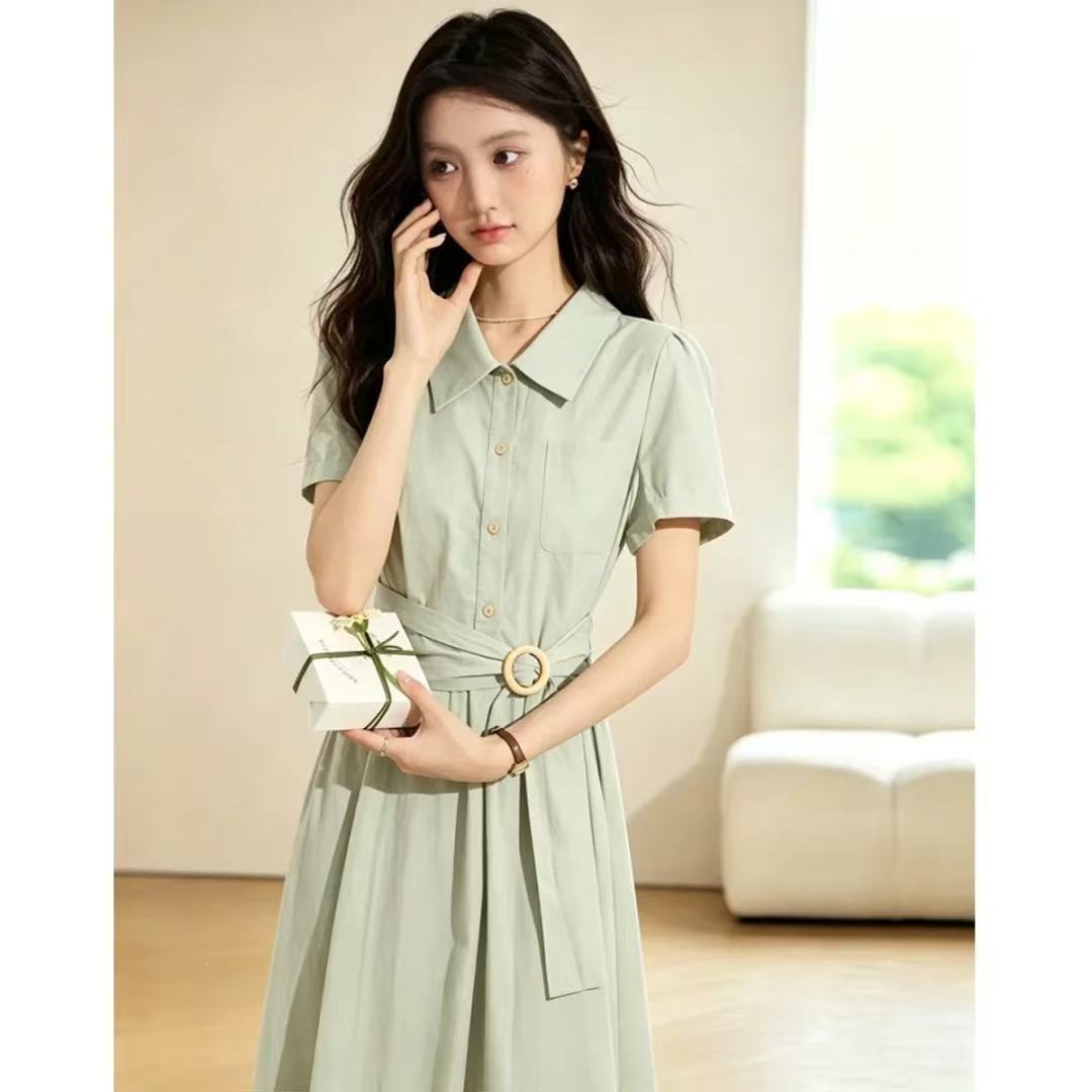 2026 Summer New Style Green Dress - Especially Beautiful, Fitted Waist, Short Sleeve, Elegant and Slimming Shirt Dress